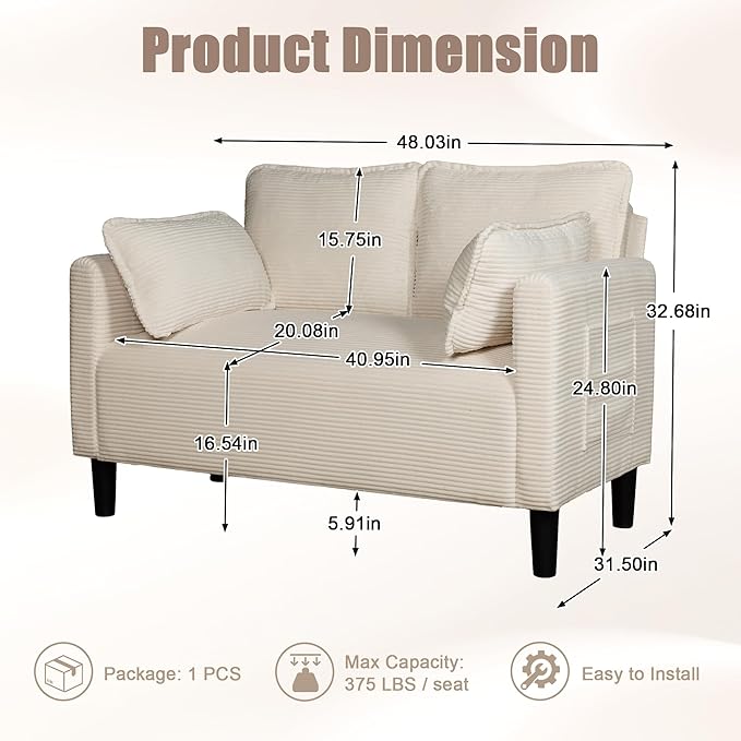 Corduroy Oversized Armchair 48" Extra Wide Accent Chairs W/Double Solid Wood Frame for Living Room Modern Lounge Chair, Upholstered Cloud Single Sofa with Pillows
