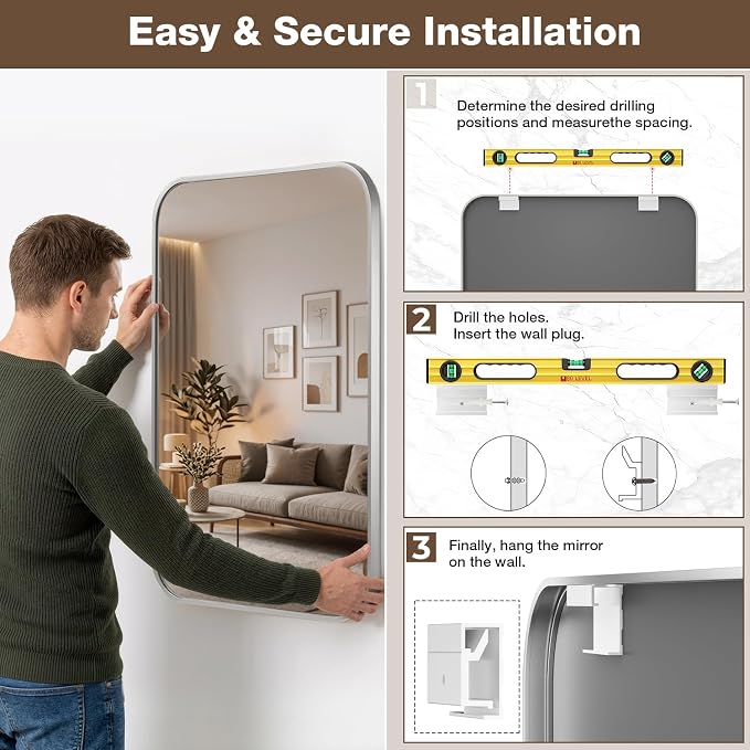 20x30 Inch Bathroom Mirrors for Over Sink, Brushed Nickel Rectangle Mirror for Bathroom or Entryway, Wall Mounted Vanity Mirror with Aluminum Alloy Frame&Tempered Glass, Hangs Horizontally/Vertically - Image 8