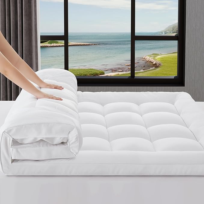 2~3In Mattress Topper Queen for Back Pain Relief, Add Cushion for Firm Mattresses, Better Sleep - Cooling Cloud-Like Comfort Extra Fluffy Layer, RV Mattress Pillow Top, 8-21" Deep Pocket
