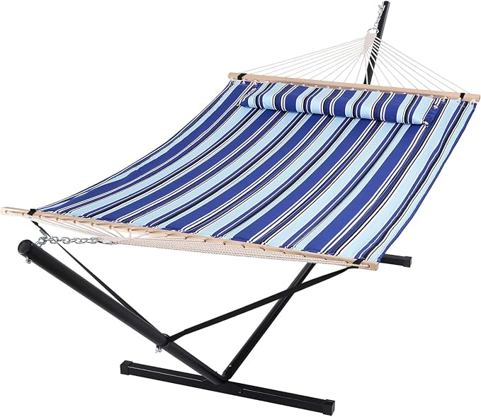 SUNCREAT Two Person Hammock with Stand Heavy Duty, Free Standing Hammocks Outdoors for 2 Person, Max 475lbs Capacity, Blue Stripes by SUNCREAT