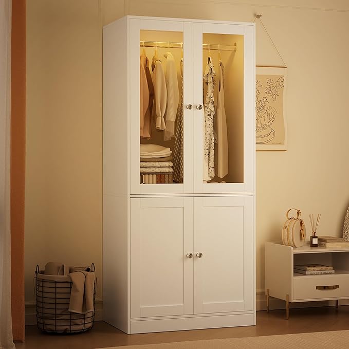 VOWNER 75" Tall Armoire Wardrobe Closet with Drawers & Lights, Clothing Storage Cabinet with 2 Glass Doors & Hanging Rod, Wooden Armoire Storage Cabinet for Bedroom (White, 75''H)