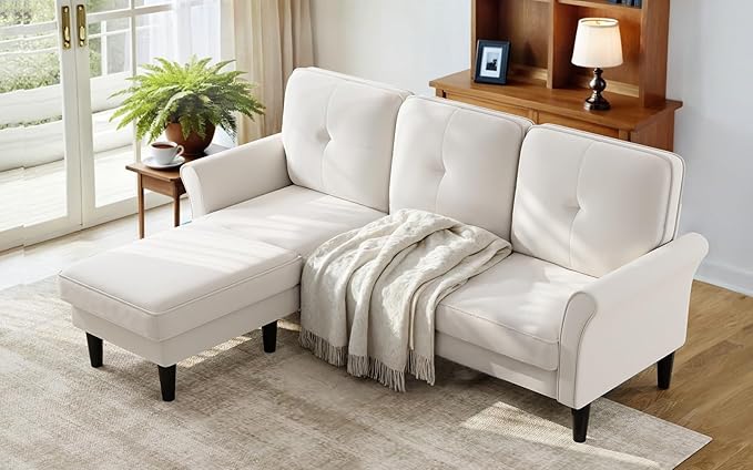 Sofas for Living Room, 83" Velvet Sectional Couch with Moveable Ottoman, Midcentury Modern Small Sectional Couch, L Shape Sofa & 3 Seater, Couches for Living Room, Apartment, Bedroom, Beige