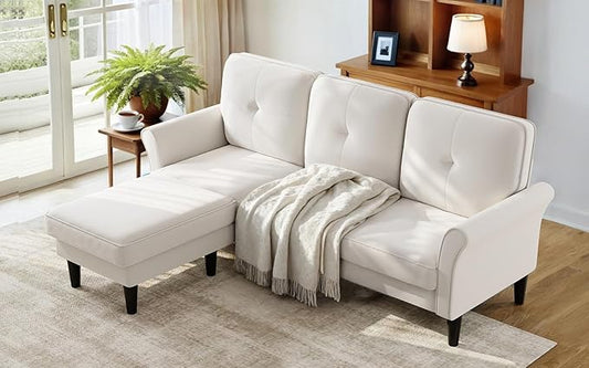 Sofas for Living Room, 83" Velvet Sectional Couch with Moveable Ottoman, Midcentury Modern Small Sectional Couch, L Shape Sofa & 3 Seater, Couches for Living Room, Apartment, Bedroom, Beige