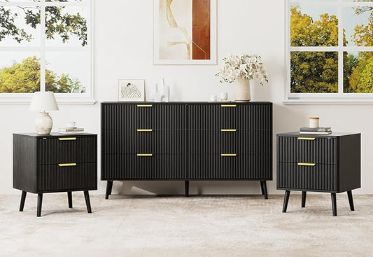 LYNSOM Fluted Dresser and Nightstand Set, 3 Pieces Bedroom Set, 55 Inch Wide 6-Drawer Dresser & 2-Drawer Nightstands Set of 2, Modern Dressers Set for Bedroom, Hallway, Black