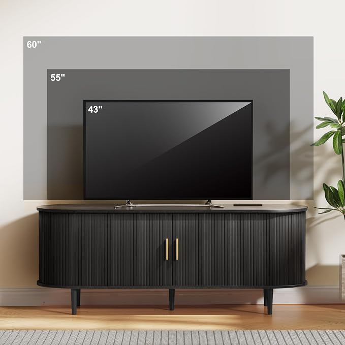 DHH 55 Inch Mid Century Modern TV Stand with Power Outlet for TVs up to 60 Inch, Entertainment Center with Storage and Adjustable Shelves, Media Console with Sliding Doors for Living Room(Black) - Image 3