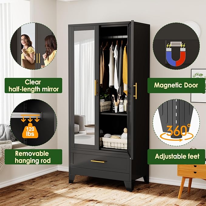 winiowa Metal Armoire Wardrobe Closet with Drawer, 71" Wardrobe Cabinet with Adjustable Shelves and Hanging Rod, Clothing Storage Cabinet Closet with Mirror for Bedroom-Black