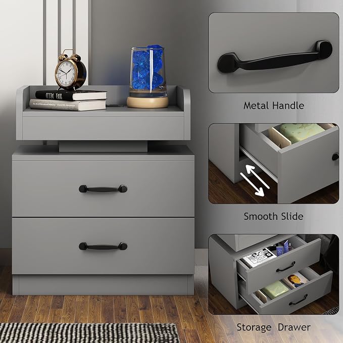 4ever2buy Grey Nightstand with Charging Station and LED Lights Modern Bedside Table with 2 Drawers End Table for Bedroom - Image 5