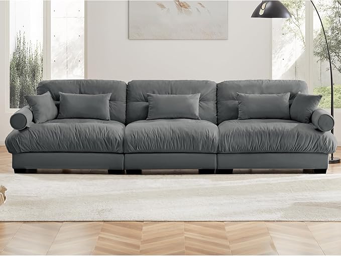 KEIKI 130" Oversized Velvet Modular Sectional Sofa with High-Density Foam Cushions and Bolstered Armrests, Upholstered Modern Style 3-Seater Cloud Couch with 5 Pillow, for Apartment, Living Room, Grey