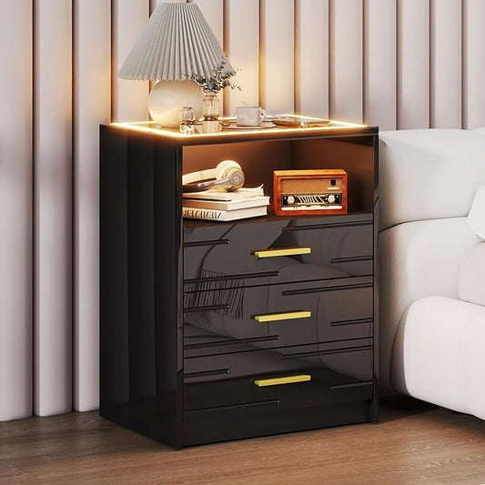 LED Bedside Table with Charging Station, High Gloss Nightstand with 3 Drawers, 3 Color Dimmable Light Modern Smart Night Stand with USB Type-C Port Bedroom Black by JDPAG