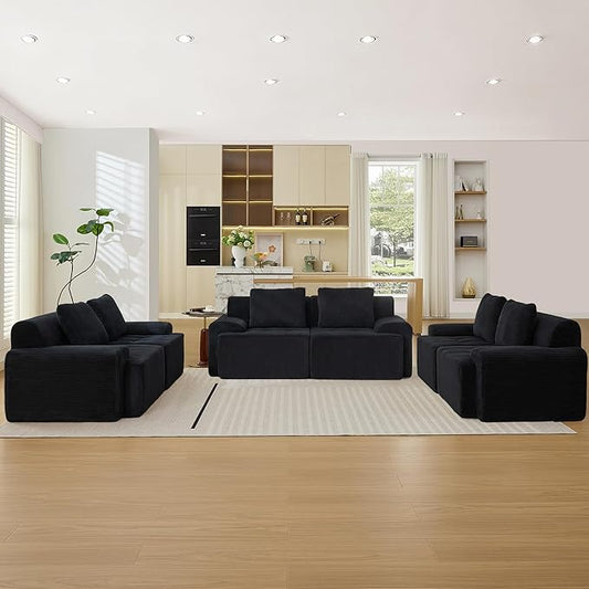 Modular Sectional Sofa, 6 Seat Modular Couch, Modular Sofa with Deep Seat and Detachable Pillow (Black, 6 Pieces-Rowshape 3 Side)