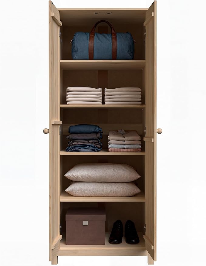 From the Tree Furniture Solid Wood Armoire – 2-Door Wardrobe Cabinet with Adjustable Shelves, Tall Bedroom Storage Closet, Unfinished