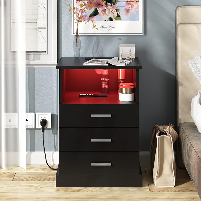 Halitaa Black LED Nightstand with Charging Station, Side Table with 3 Drawers and Light, End Table with Open Storage, Beside Cabinet for Bedroom (Black) - Image 3