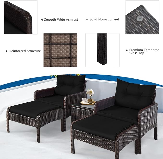 HAPPYGRILL 5 Pieces Patio Furniture Set Outdoor Rattan Wicker Conversation Set with Coffee Table Cushioned Sofas and Ottoman Chat Set for Garden Backyard