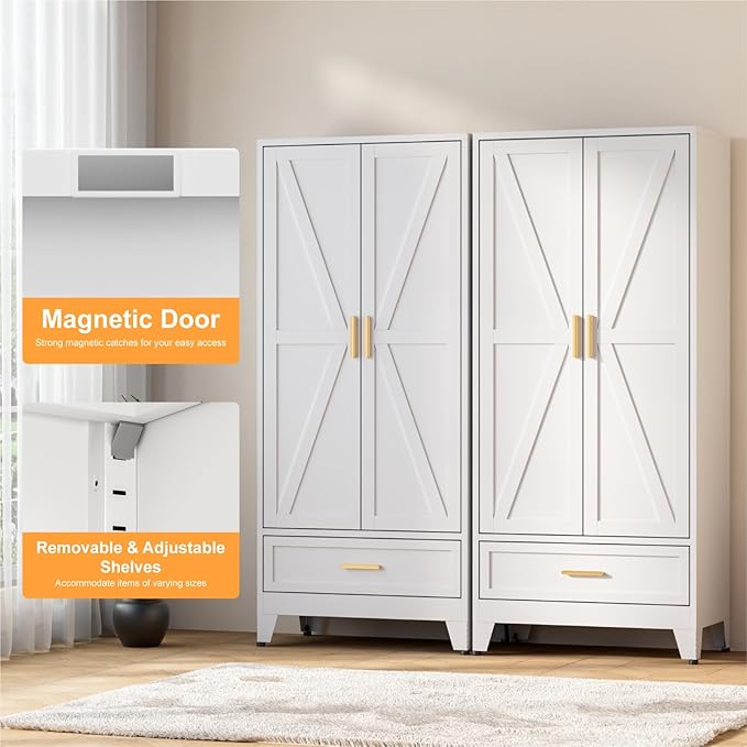COFaR 71 Farmhouse Metal Wardrobe Closet with Hanging Rod, 2 Barn Doors, Adjustable Shelves, Steel Armoire with Drawer for Home, Bedroom White