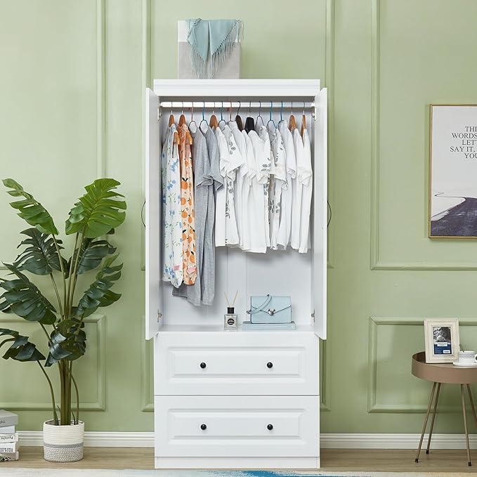 GraceGrove Armoire Wardrobe Closet with 2 Doors and 2 Drawers Tall Cabinet Closet for Large Capacity White Closet Wardrobe Cabinet with Hanging Rail for Bedroom