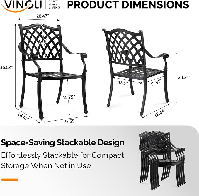 VINGLI Patio Chairs Set of 2 - Stackable Outdoor Cast Aluminum Dining Chairs with Vintage Black Finish and Diamond Pattern, Metal Armchairs for Poolside, Backyard, Balcony (No Cushion) - Image 3