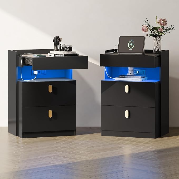 WLIVE Black LED Nighstand Set of 2 with Charging Station, Night Stands Sets with Sliding Top, Bedside Tables with Drawers, End Table for Bedroom, Living Room, Black by WLIVE