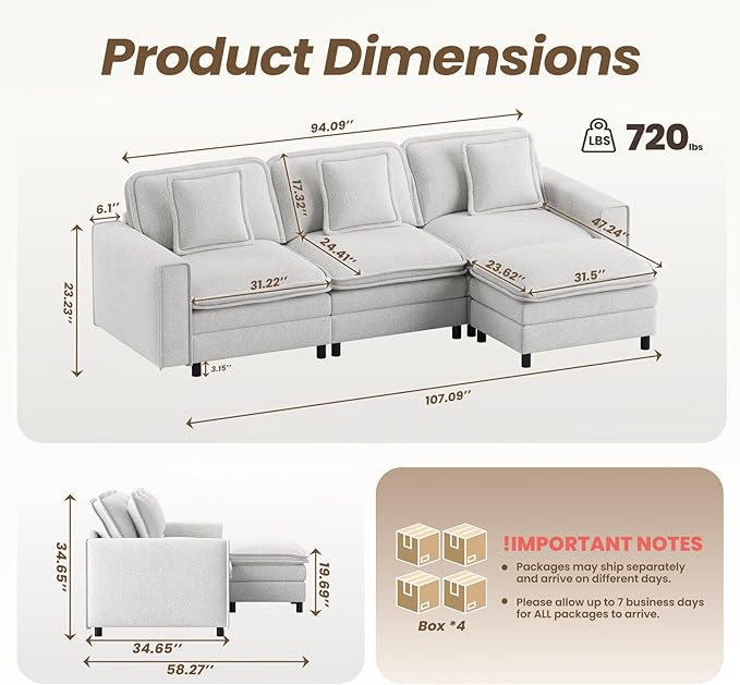 Modular Sectional Sofa 107", Comfy Cloud Couch with Ottoman, Deep 4-Seat L Shaped Modular Sofa, Couches with Throw Pillows for Living Room, Beige