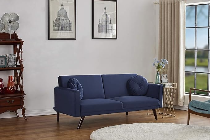 72" Retro Velvet Sofa Bed - Vintage Modern Convertible Futon w/Reclining Backrest - Velvet Upholstery on Solid Wood Frame (72" L x 34.6" W x 30.23" H), Dark Blue