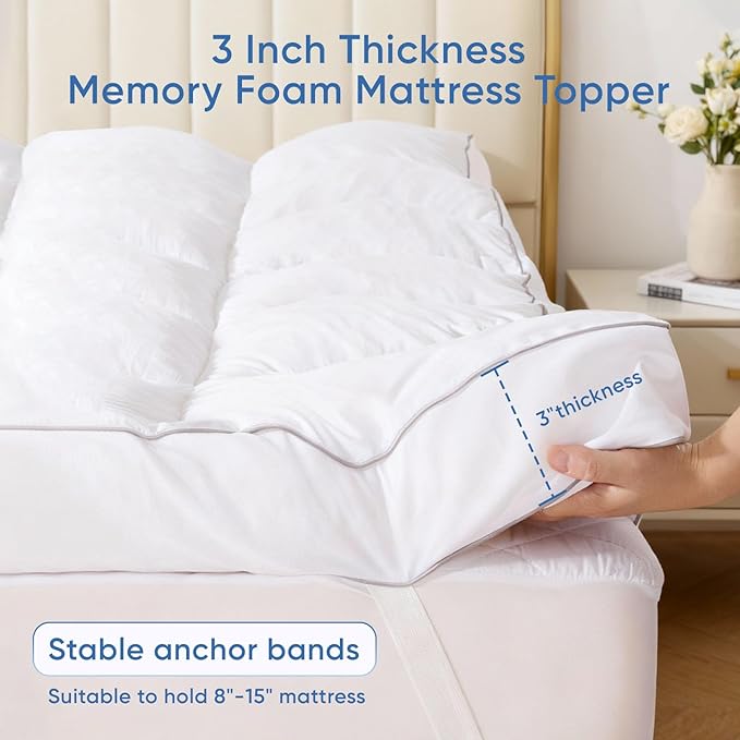 Memory Foam King Mattress Topper, Bed Topper with 3 Inch Extra Thick Shredded Foam, 100% Cotton Mattress Pad Cover, Breathable & Skin-Friendly King Size Mattress Topper with Anchor Straps
