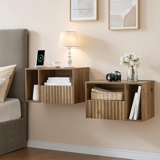 BuildHom Floating Nightstand with Charging Station - Rustic Brown Wall Mounted Modern Fluted Bedside Table with Drawer, USB Ports & Outlets (Set of 2) by BuildHom