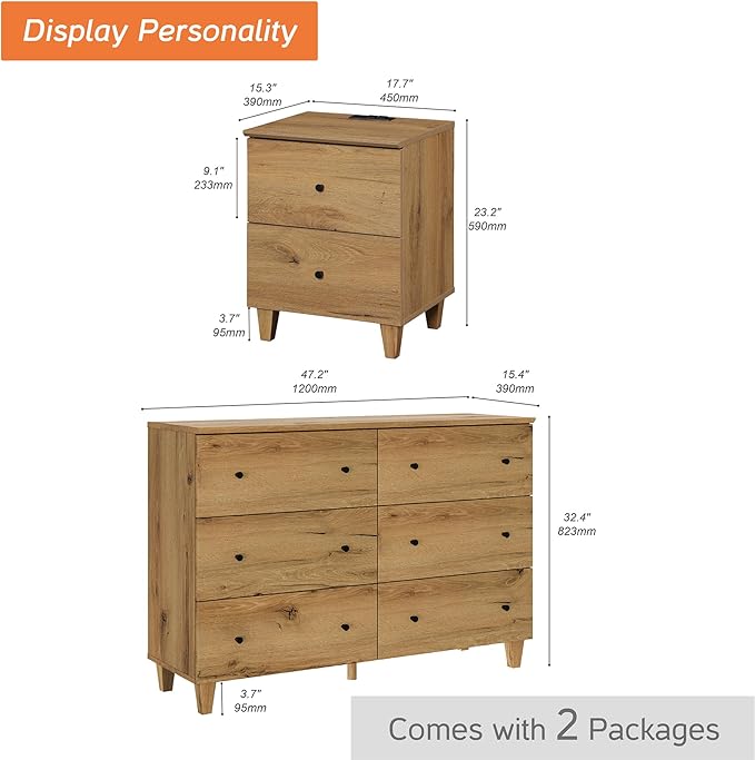 WAMPAT Dresser and Nightstand Set of 2, 47.2 Inches Wood Dresser with 6 Drawers, 1 Piece Nightstand with Drawers and Charging Station, Bedroom Furniture Set, Oak Brown