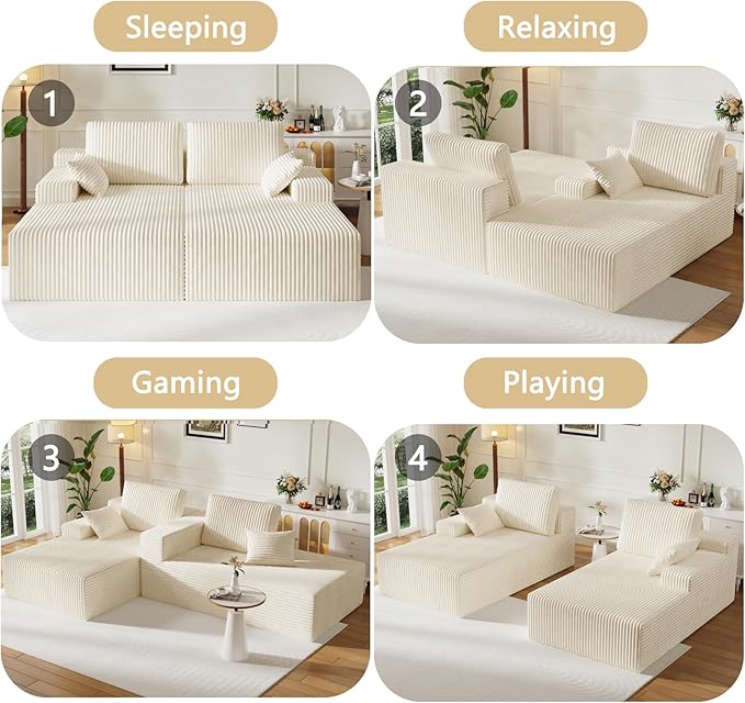 106" Boneless Couches for Living Room, Modular Sectional Sofa, L-Shape Sofa Couches,Cloud Couch Sectional, Comfy Corduroy Sofa, with Deep Seat, No Assembly Required (Beige, Loveseat Chaise)