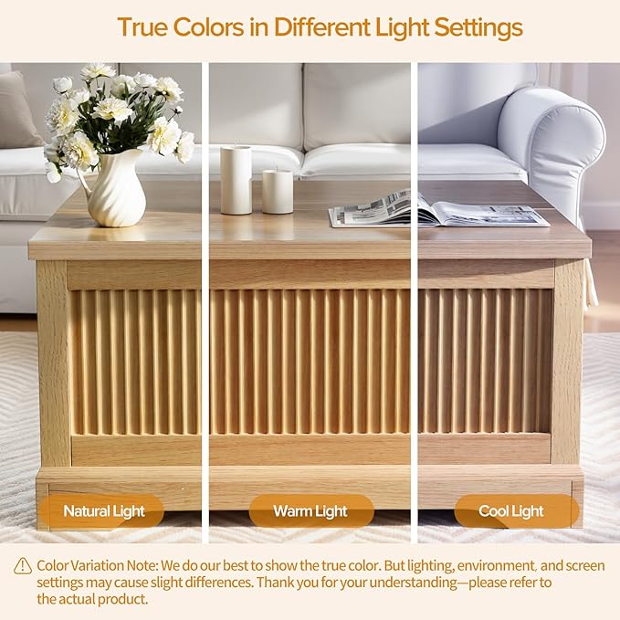 Lift Top Coffee Table with Storage,Fluted Coffee Tables with Lifting Top,Modern Farmhouse Square Center Table for Living Room, Home Office, with Hidden Compartment, Flip-Up Lids, Natural Oak