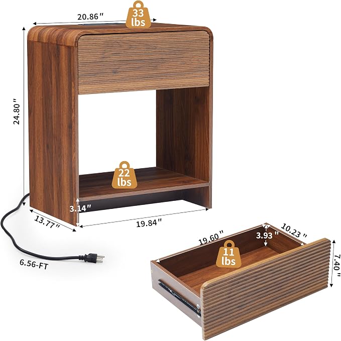 XUZENEST Fluted Nightstand Set of 2 with Charging Station, Modern Bed Side Table End Table with Drawer Storage, Large Wooden Night Stands Bedside for Bedroom Living Room Sofa Office, Walnut 2 Sets - Image 3