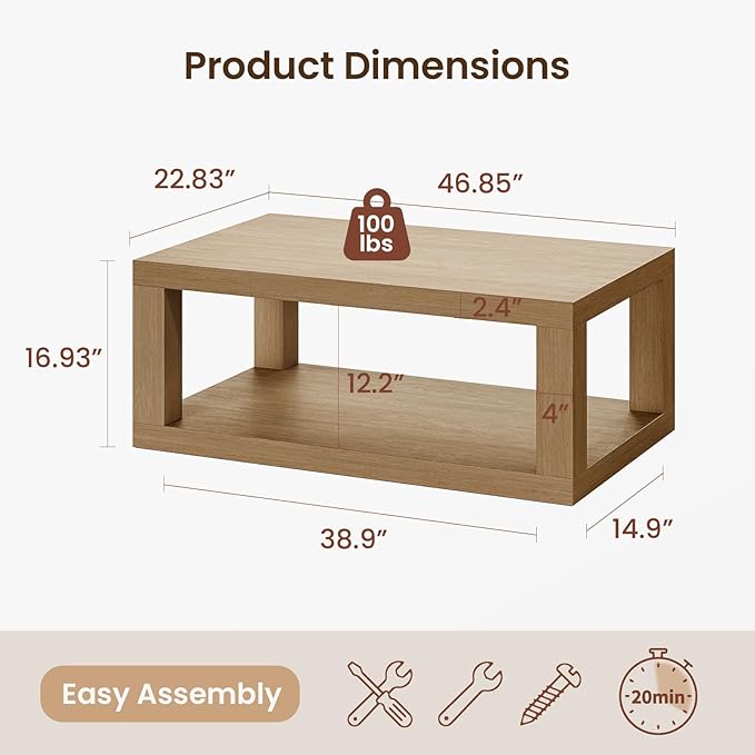 47" Modern Coffee Table, Center Table for Living Room, Large Wooden Rectangular Coffee Tables for Living Room,Office,Wood Thick Design,Real Wood Veneer,Natural Oak
