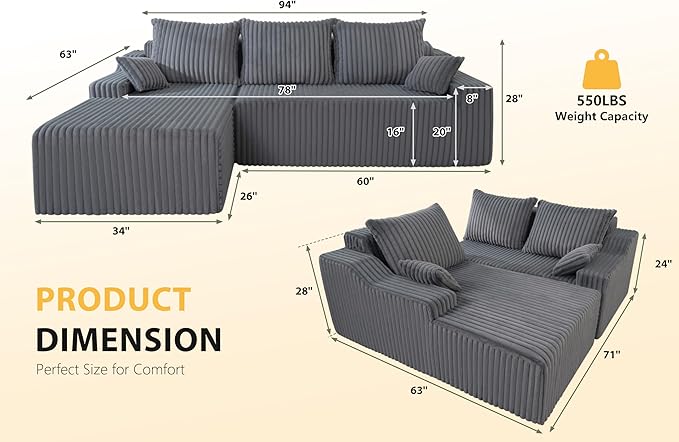 Homguava 94'' Cloud Sectional Couch, Modular L-Shape Couch with Chaise, Boneless Sofa with Deep Seat for Living Room Bedroom,No Assembly Required(Grey,Left Facing Chaise)