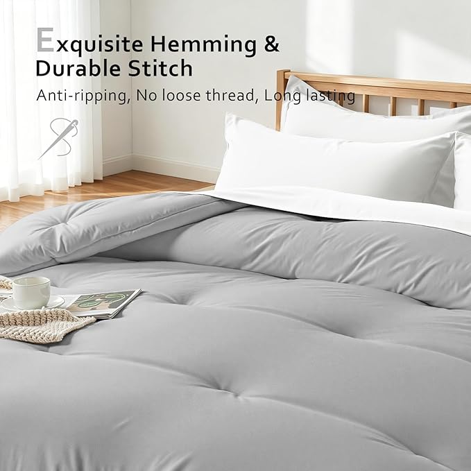 Comforters Oversized Queen Size, All Season Quilted Bed Comforter, Ultra-Soft Down Alternative Duvet Insert with 4 Tabs, Lightweight Bedding Blanket - Machine Washable, Light Gray