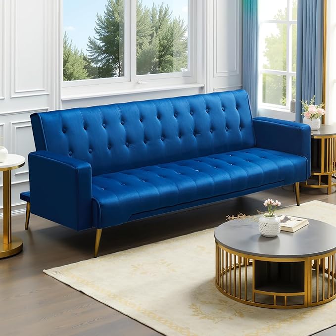 Rovibek Futon Sofa Bed, Convertible Futon Couch, Modern Futons Bed with Adjustable Backrest, Metal Legs, Living Room Apartment Office Fouton, Blue