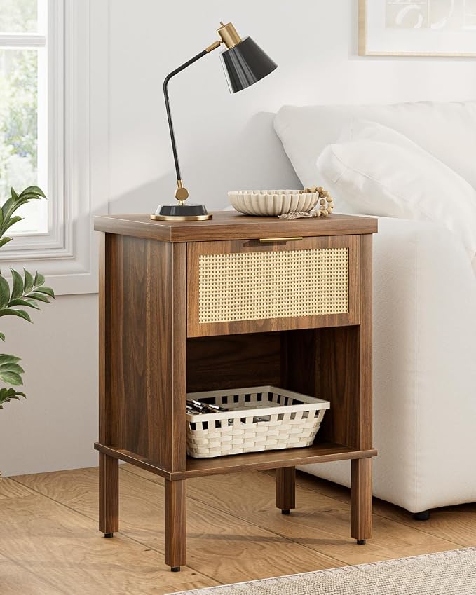 Rattan Nightstand with Drawer and Open Shelf, Boho Side Table with Gold Handle, Small Night Stand, Modern Bedside Table for Bedroom, Walnut - Image 7