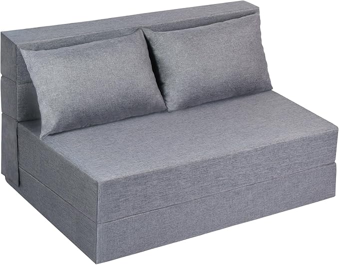 Folding Sofa Bed Twin Size, Foldable Sleeper Chair with 2 Pillows, Convertible Futon Sofa Bed with Washable Cover, Fold Out Couch for Living Room, Dorm, Guest Room, Standard Size, Light Grey