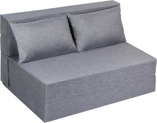 Folding Sofa Bed Twin Size, Foldable Sleeper Chair with 2 Pillows, Convertible Futon Sofa Bed with Washable Cover, Fold Out Couch for Living Room, Dorm, Guest Room, Standard Size, Light Grey