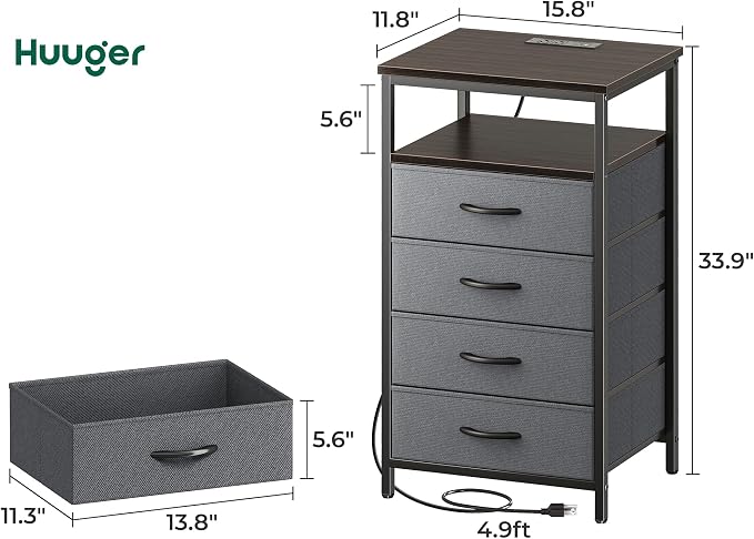 Huuger Night Stand with Charging Station, 4 Drawer Dresser for Bedroom, Bedside Table, 33.9 Inch Tall Nightstand with Open Shelf, End Table, for Closet, Entryway, Bedroom, Walnut - Image 3