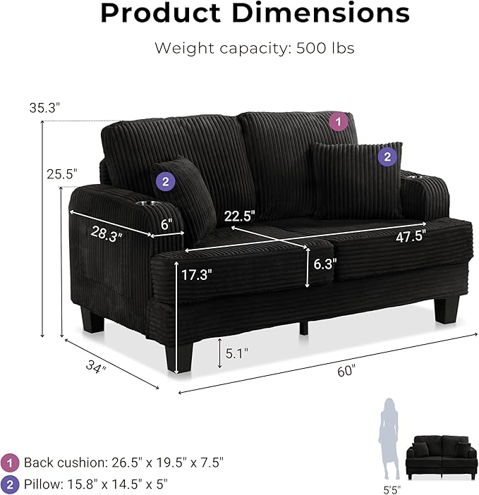 Homes: Inside + Out Reese Modern Plush Chenille Comfortable Loveseat with Side Pockets, Cup Holders and Pillows, Wooden Soft Couch for Living Room, Bedroom and Office, Black