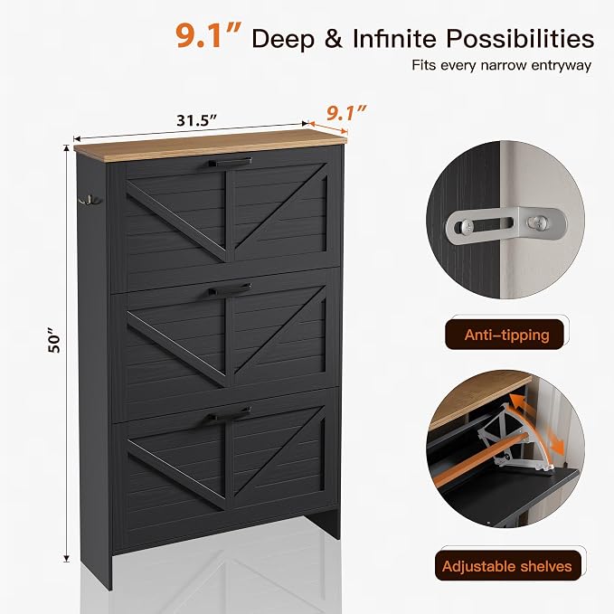 Nicetree Barn Door Shoe Cabinet for Entryway - Modern Farmhouse Shoe Storage Cabinet with 3 Flip Drawers - Slim Hidden Shoe Organizer, 3-Position Adjustable Divider, Fits Size 13, Brushed Black - Image 2