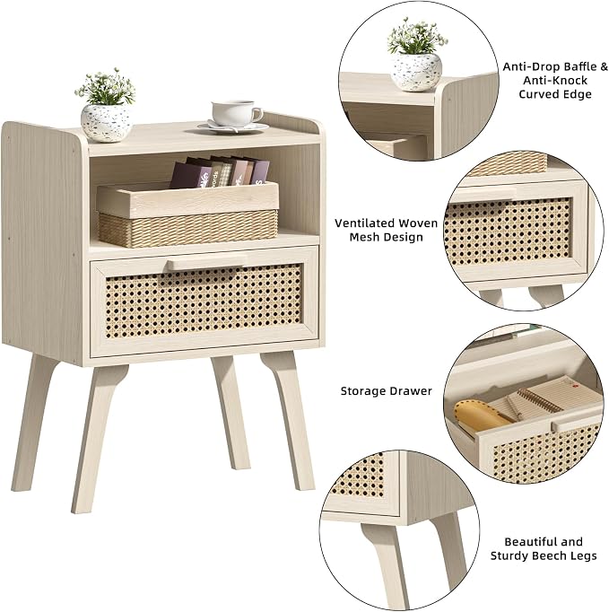 Lerliuo Rattan Nightstand, Side Table with Drawer Open Shelf, Cane Accent Bedside End Table with Solid Wood Legs, Mid Century Modern Night Stand for Bedroom, Dorm and Small Spaces (Grey White) - Image 8