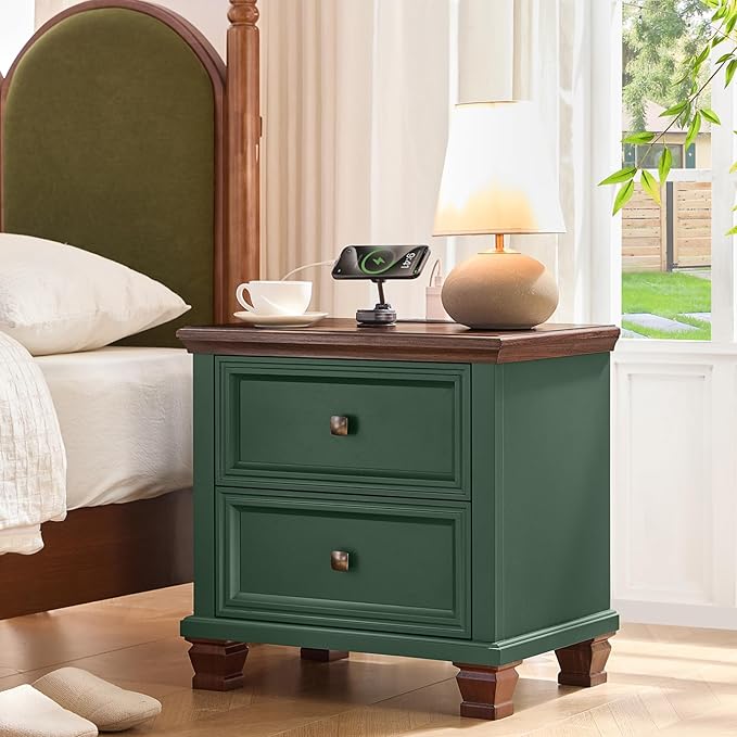 SAVOR LIFE Farmhouse Nightstand with Charging Station, Rustic Low Night Stand with 2 Drawers, Mid-century Modern End Table with 4 Square Solid Wood Legs, Small Vintage Dresser for Bedroom, Home, Green by SAVORLIFEFurniture