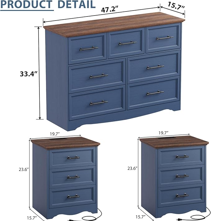 Bedroom Set, 3 Pieces Bedroom Furniture Set, Wood 7 Drawer Dresser and 3 Drawers Nightstands with Charging Station, Farmhouse Storage Organizer Cabinet for Bedroom, Blue
