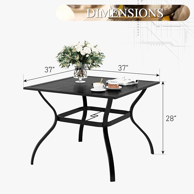 PHI VILLA 37" Patio Table for 4, Metal Outdoor Dining Table with E-Coating, Square Steel Slated Outdoor Table with 1.57" Umbrella Hole for Garden Backyard, Black - Image 3