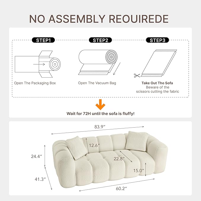 84" Boneless Couch No Assembly Required Loveseat Sofa Modern Deep Seat Cloud Couch Modern Compressed Sofa Oversized Upholstered 3-Seater for Living Room Bedroom