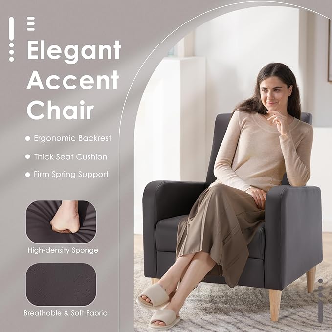 COLAMY Modern Upholstered Accent Chair Armchair with Pillow, PU Leather Reading Living Room Side Chair,Single Sofa with Wood Legs, Brown