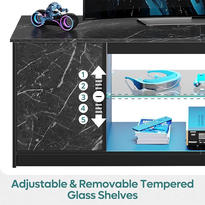 Bestier TV Stand with Power Outlets for Bedroom, Gaming TV Stand for 65inch TV, Black Entertainment Center for PS5, TV Console with Adjustable Glass Shelves for Living Room, Black Marble - Image 5