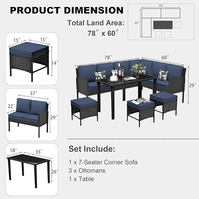 7-Piece Patio Furniture Set, Outdoor Couch with Dining Table & Ottomans, PE Rattan Sofa Set with Cushions for Deck, Yard, Poolside (Blue)