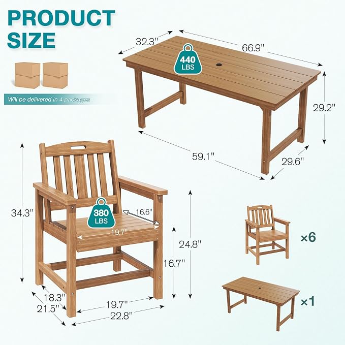 Mdeam 7-Piece HIPS Outdoor Dining Set, 66.9" Wood Texture Patio Table with Umbrella Hole, 440LBS Capacity, 6 Wider Chairs, Dining Table Set for 6, Outdoor Furniture with Galvanized Steel Frame, Teak - Image 2