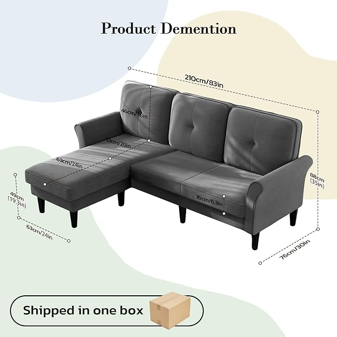 Sofas for Living Room, 83" Velvet Sectional Couch with Moveable Ottoman, Midcentury Modern Small Sectional Couch, L Shape Sofa & 3 Seater, Couches for Living Room, Apartment, Bedroom, Grey