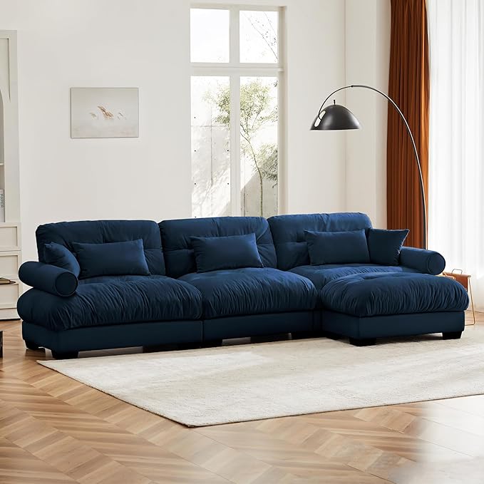KEIKI 130" L-Shaped Oversized Velvet Modular Sectional Sofa with 1 Ottoman, High-Density Foam Cushions and Bolstered Armrests, Upholstered 3-Seater Cloud Couch with 5 Pillow, for Living Room, Blue